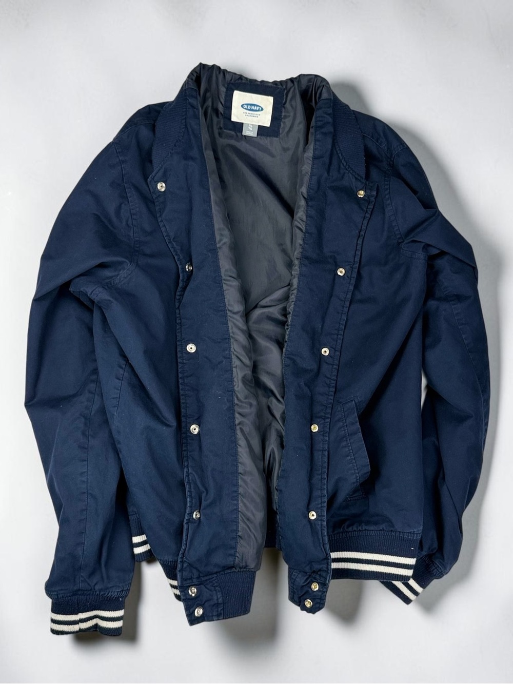 Old Navy Men’s XL Navy Cotton Varsity Bomber Jacket Striped Rib Trim Snap Front - Picture 6 of 17